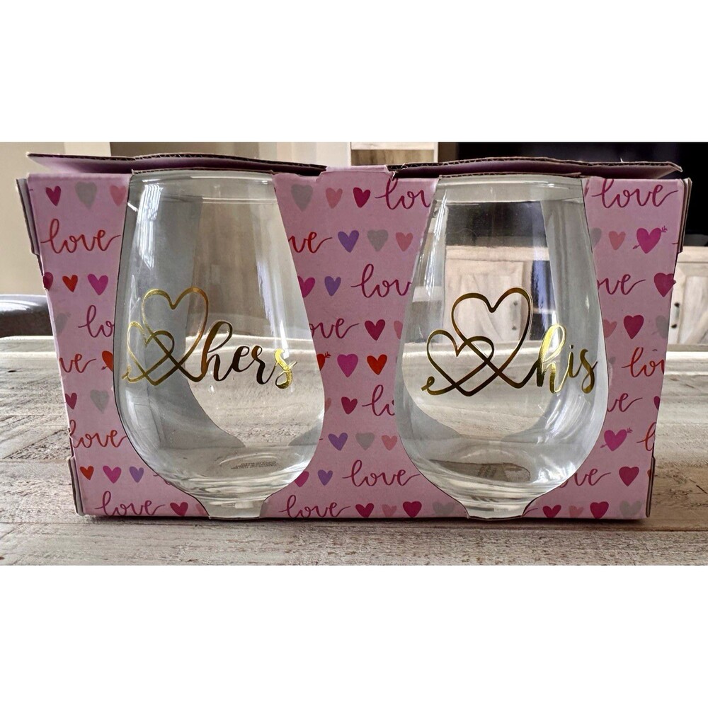 Set of 2 Stemless Wine Glasses 20 oz His & Hers Gold Heart Wedding
